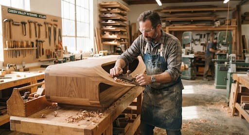 Craftsman smoothing a curved solid teak credenza with a hand plane in a sunlit workshop