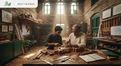 Artisans carving timber joinery in the Green Valley workshop under sunlight from tall clerestory windows