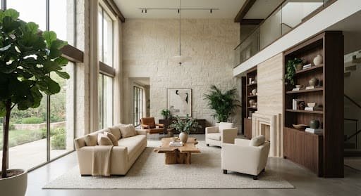 Sunlit double-height living room with limestone walls, dark wood millwork, a travertine plinth and linen upholstery