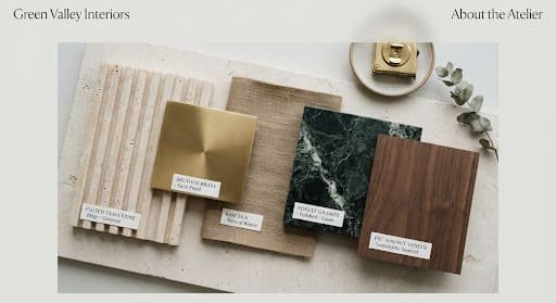 Material palette of fluted travertine, brushed brass, raw silk, green granite and walnut veneer samples