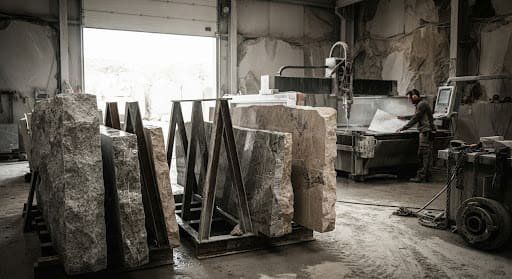 Sliced granite and limestone blocks inside a stone quarry lit by natural light
