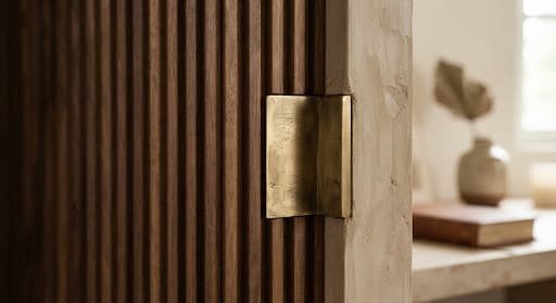 Close-up of fluted dark teak wall panelling meeting brushed brass hardware and a micro-cement edge