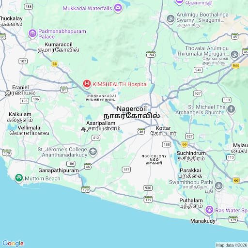 Street map of Nagercoil marking the Green Valley Interiors studio at Praise Complex, Asaripallam Road