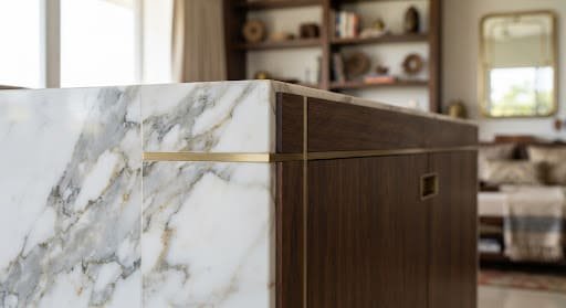 Polished Calacatta marble meeting dark walnut joinery with a brushed brass inlay