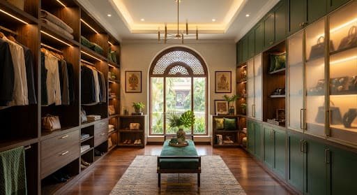 Walk-in wardrobe with warm LED cove lighting, frosted glass display cases and green accents