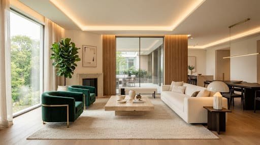 Finished living room after the Green Valley transformation, with cove lighting, a travertine table and emerald velvet chairs
