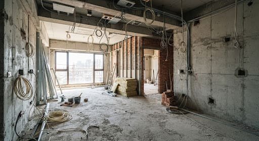 The same room before the transformation: bare concrete walls, exposed wiring and unfinished floors