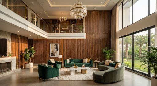 Double-height modern living room with fluted wood wall panels, brass lighting and emerald accents