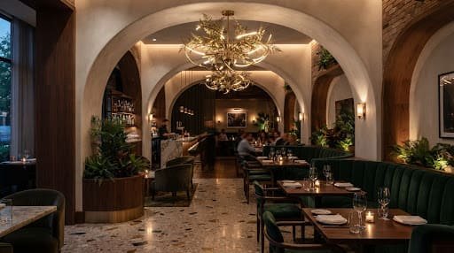 Restaurant lounge with curved plaster arches, velvet booths and a brass chandelier