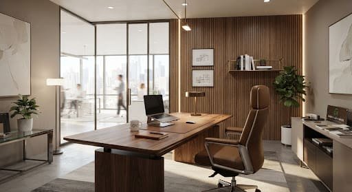 Executive office with a walnut desk, slatted timber acoustic panels and glass partitions