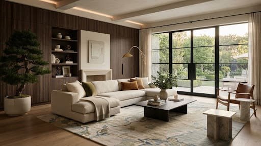Contemporary residential living room with custom wall panelling, linen sofas and a silk rug