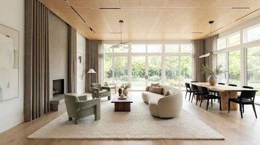 Open-plan great room with micro-perforated oak ceiling panels and bouclé seating
