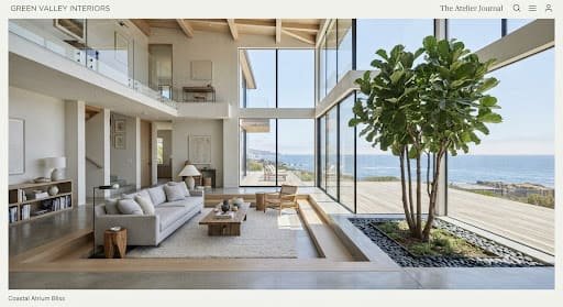 Double-height coastal atrium with a sunken living room and an indoor ficus tree