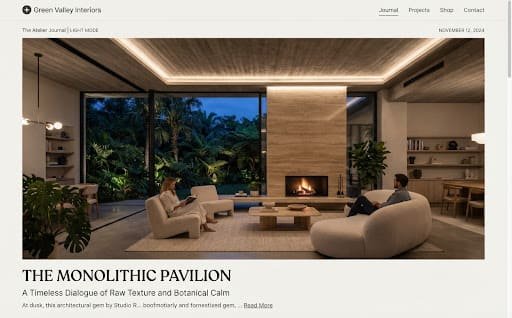 Monolithic living pavilion with recessed cove lighting, a fireplace and sculptural seating