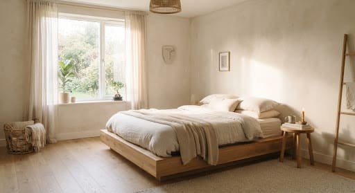 Sunlit minimalist bedroom with limewash plaster walls and a low timber platform bed