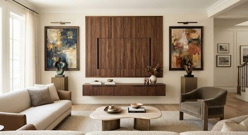 Living room gallery wall with slatted walnut panels concealing a media screen