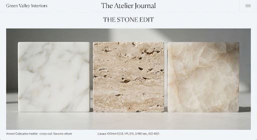Side-by-side samples of honed Calacatta marble, travertine and quartzite