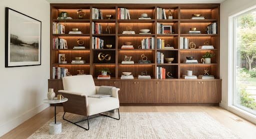 Floor-to-ceiling smoked oak wall library with hidden warm strip lighting