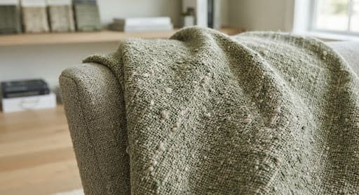 Woven linen and raw silk upholstery fabric in sage and oatmeal tones
