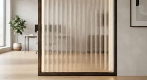 Backlit fluted reeded glass panel in a dark bronze frame