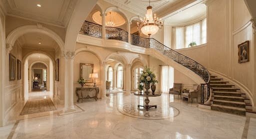 Neoclassical villa foyer with arched hallways, marble flooring and chandeliers
