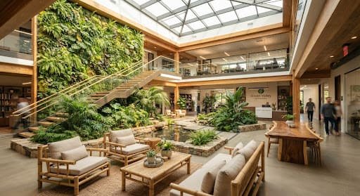 Eco green interior with a living moss wall, indoor courtyard greenery and bamboo furniture