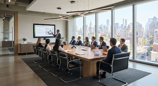 Corporate boardroom with an oak conference table, leather chairs and linear LED lighting