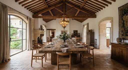 Heritage manor dining hall with teak rafters, bronze pendant lights and a long timber table