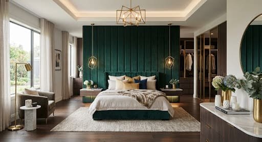 Luxury master bedroom suite with upholstered wall panels and brushed gold pendant lamps