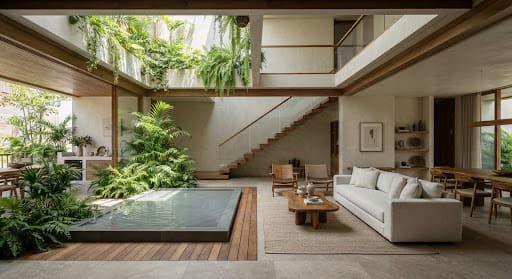 Skylit interior courtyard of the Residence at Palm Grove with a reflection pool and tropical planting