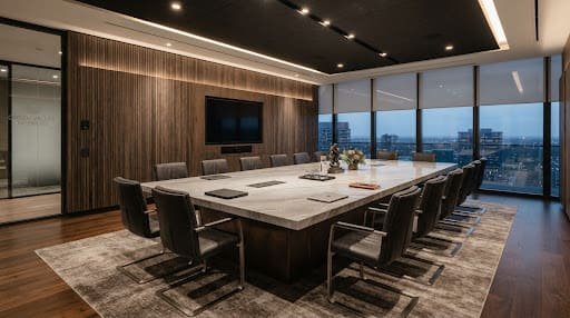 Corporate boardroom with fumed timber acoustic panels and a long quartz conference table