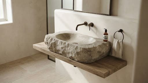 Hand-carved stone washbasin with a dark bronze wall tap against textured lime plaster