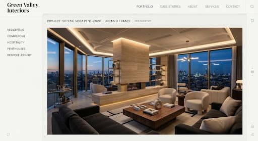 Penthouse living pavilion clad in travertine with cove lighting and city views