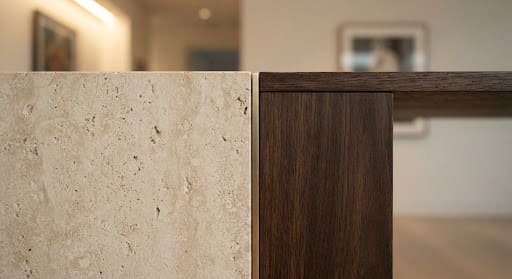 Honed travertine stone meeting dark smoked oak joinery with a hairline brass inlay