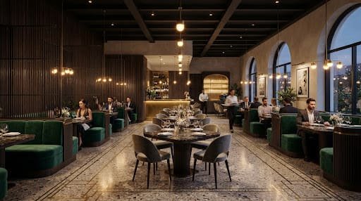Boutique restaurant with curved emerald velvet booths, fluted timber screens and warm brass pendant lights