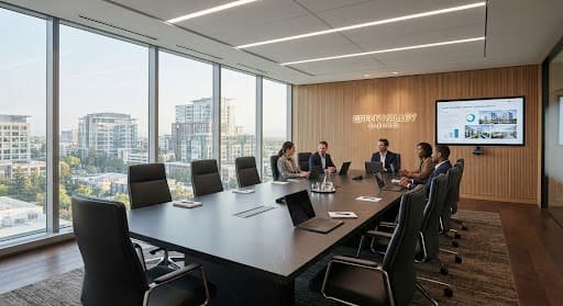 Corporate boardroom with fluted oak wall panelling, a dark quartz conference table and leather executive chairs