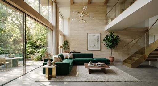 Double-height living room with travertine cladding, an emerald velvet sofa, brass fixtures and garden views
