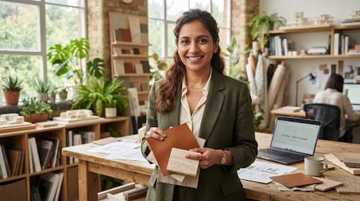 Interior architect holding leather and travertine material swatches in a bright studio