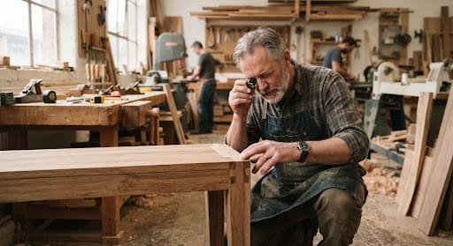 Master woodworker inspecting mortise and tenon joinery on an unvarnished teak bench