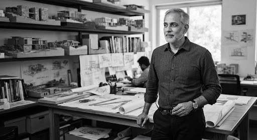 Portrait of the principal architect of Green Valley Interiors in the studio, surrounded by stone models and drawings