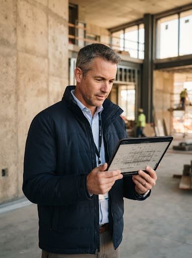 Project director reviewing architectural drawings on a tablet at a building site